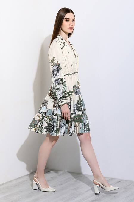 Shop_RANNA GILL_Ivory Linen V-neck Angelina Windows Print Dress _Online_at_Aza_Fashions