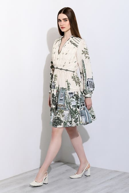 RANNA GILL_Ivory Linen V-neck Angelina Windows Print Dress _at_Aza_Fashions