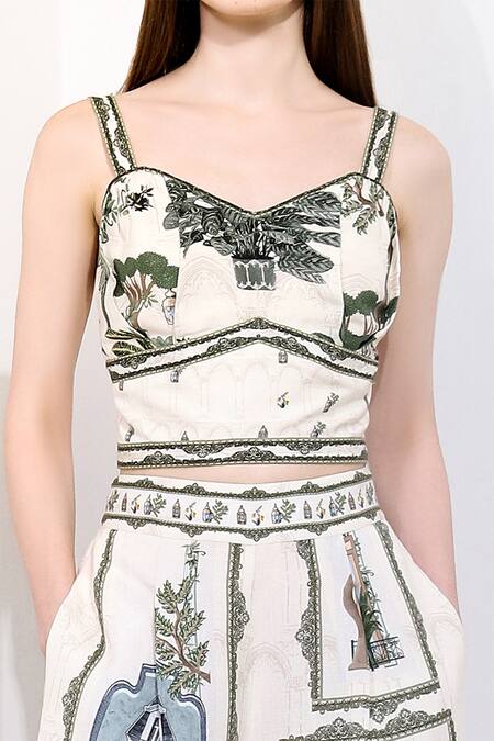 Shop_RANNA GILL_Ivory Linen Sweetheart Neck Arianna Windows Of The World Print Bustier_Online_at_Aza_Fashions