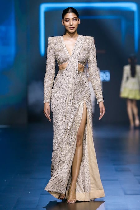 Ritika Mirchandani Stellar Aztec Era Embroidered Pre Draped Slit Saree With Blouse 