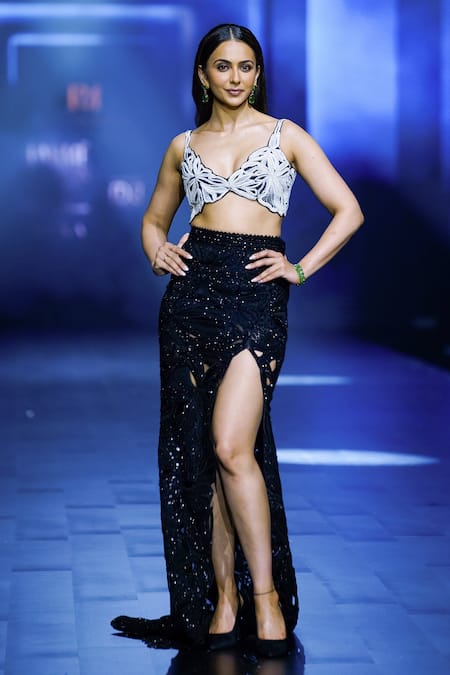 Ritika Mirchandani Obsidian Floral Cutwork Trail Skirt With Floral Bloom Bustier 