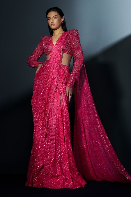 Ritika Mirchandani Pink Crepe Embroidery Stellar Aztec Bloom Pre Draped Slit Saree With Blouse 