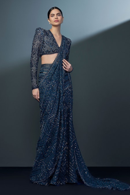 Ritika Mirchandani Blue Crepe Embroidery Stellar Synodic Bloom Pre Draped Slit Saree With Blouse 