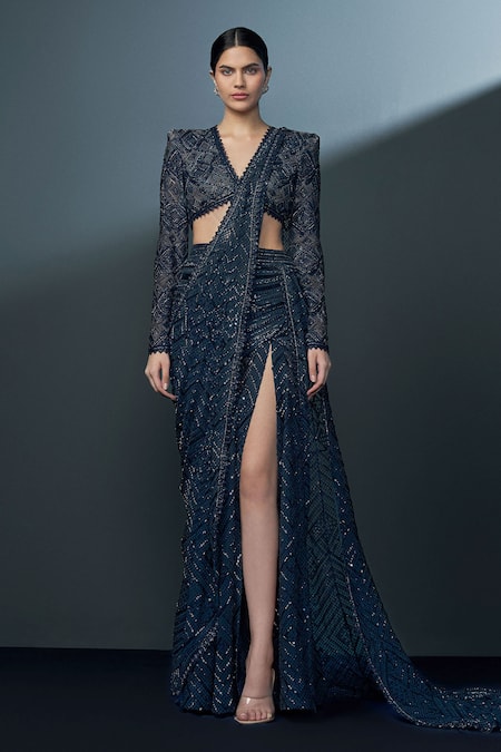 Ritika Mirchandani_Blue Crepe Embroidery Stellar Synodic Bloom Pre Draped Slit Saree With Blouse _Online_at_Aza_Fashions