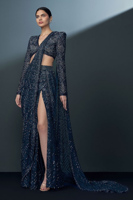 Buy_Ritika Mirchandani_Blue Crepe Embroidery Stellar Synodic Bloom Pre Draped Slit Saree With Blouse _Online_at_Aza_Fashions