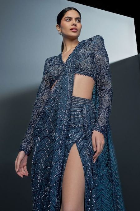 Ritika Mirchandani_Blue Crepe Embroidery Stellar Synodic Bloom Pre Draped Slit Saree With Blouse _at_Aza_Fashions