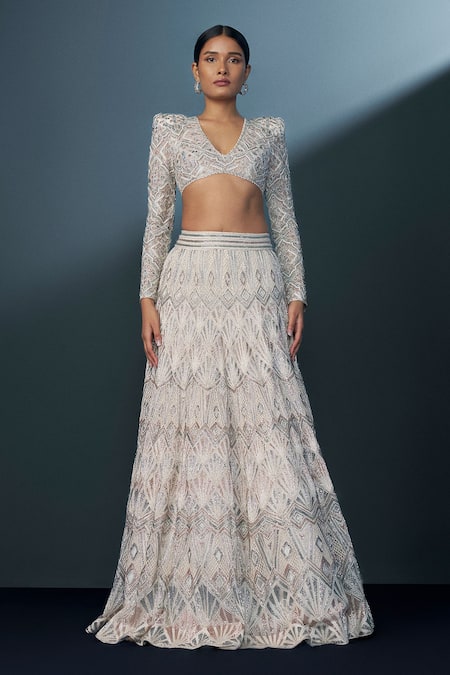 Ritika Mirchandani_Ivory Crepe Embroidered Crystal V Neck Imperia Lehenga Set _Online_at_Aza_Fashions