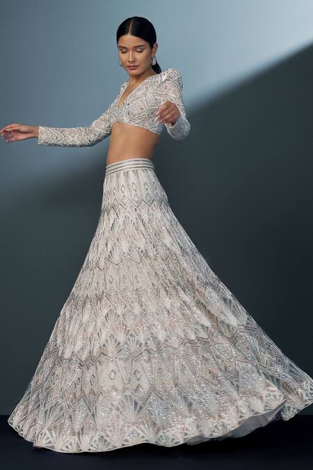 Buy_Ritika Mirchandani_Ivory Crepe Embroidered Crystal V Neck Imperia Lehenga Set _Online_at_Aza_Fashions