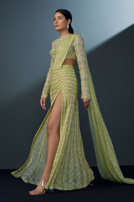 Buy Ritika Mirchandani Green Net, Crepe, Georgette Embroidery, Crystals Neona Slit Saree With Blouse Online at Aza Fashions Buy_Ritika Mirchandani_Green Net, Crepe, Georgette Embroidery, Crystals Neona Slit Saree With Blouse _Online_at_Aza_Fashions