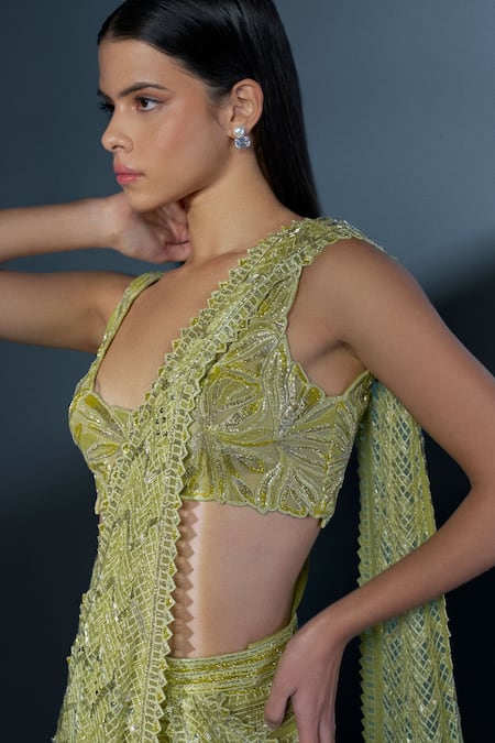 Ritika Mirchandani Green Crepe Embroidered Crystal Sweetheart Seraphina Pre-draped Slit Saree Set Online at Aza Fashions Ritika Mirchandani_Green Crepe Embroidered Crystal Sweetheart Seraphina Pre-draped Slit Saree Set _Online_at_Aza_Fashions