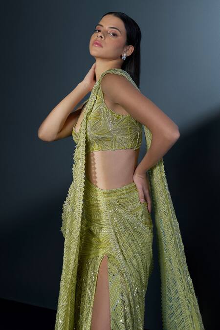 Buy Ritika Mirchandani Green Crepe Embroidered Crystal Sweetheart Seraphina Pre-draped Slit Saree Set Online at Aza Fashions Buy_Ritika Mirchandani_Green Crepe Embroidered Crystal Sweetheart Seraphina Pre-draped Slit Saree Set _Online_at_Aza_Fashions