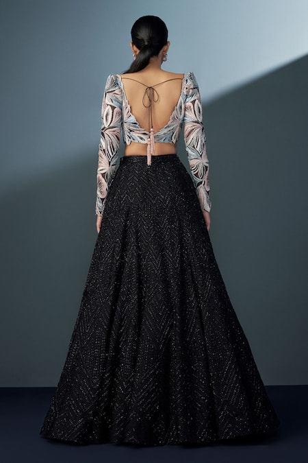 Shop_Ritika Mirchandani_Black Net, Georgette, Crepe Embroidery Sweetheart Skybloom Cascade Lehenga Set _at_Aza_Fashions