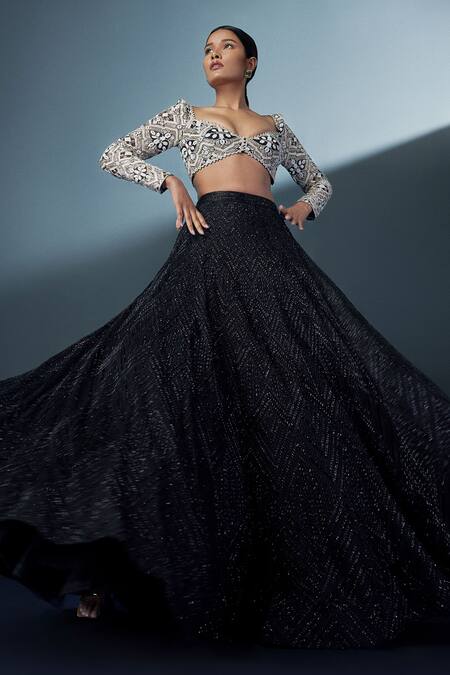 Ritika Mirchandani_Black Net, Georgette, Crepe Embroidery Sweetheart Skybloom Cascade Lehenga Set _Online_at_Aza_Fashions