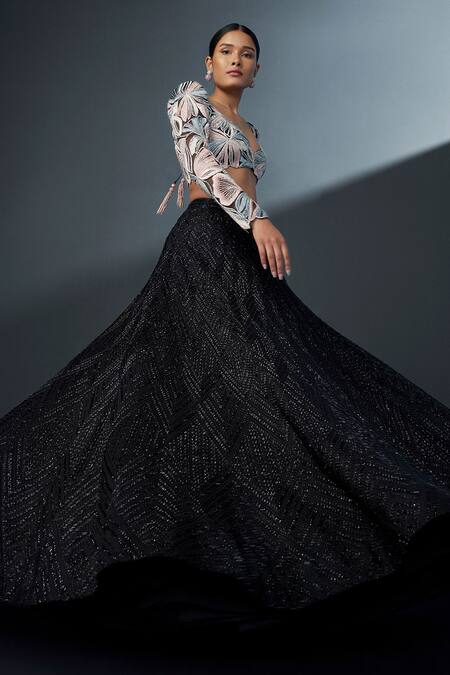 Buy_Ritika Mirchandani_Black Net, Georgette, Crepe Embroidery Sweetheart Skybloom Cascade Lehenga Set _Online_at_Aza_Fashions