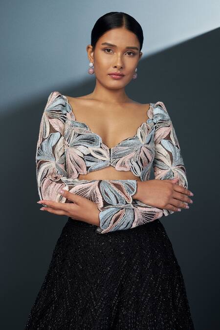 Shop_Ritika Mirchandani_Black Net, Georgette, Crepe Embroidery Sweetheart Skybloom Cascade Lehenga Set _Online_at_Aza_Fashions