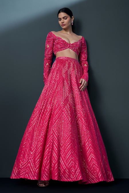 Shop Ritika Mirchandani Pink Net, Crepe Crystals, Beads, Embroidery Skybloom Bridal Lehenga Set at Aza Fashions Shop_Ritika Mirchandani_Pink Net, Crepe Crystals, Beads, Embroidery Skybloom Bridal Lehenga Set _at_Aza_Fashions