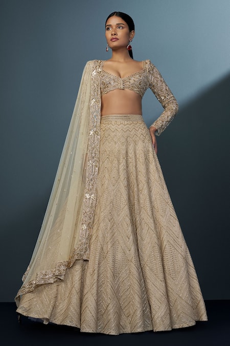 Ritika Mirchandani Gold Crepe Embroidered Crystal Sweetheart Aurielle Cascade Lehenga Set 