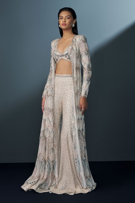 Ritika Mirchandani Ivory Crepe Embroidered Crystal Sweetheart Althea Jacket Sharara Set 