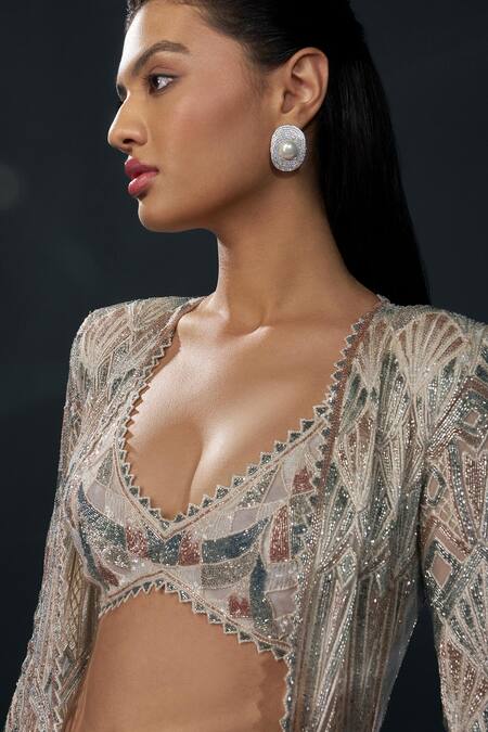 Ritika Mirchandani Ivory Crepe Embroidered Crystal Sweetheart Althea Jacket Sharara Set Online at Aza Fashions Ritika Mirchandani_Ivory Crepe Embroidered Crystal Sweetheart Althea Jacket Sharara Set _Online_at_Aza_Fashions