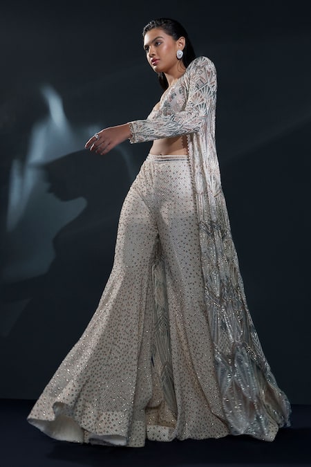 Shop Ritika Mirchandani Ivory Crepe Embroidered Crystal Sweetheart Althea Jacket Sharara Set Online at Aza Fashions Shop_Ritika Mirchandani_Ivory Crepe Embroidered Crystal Sweetheart Althea Jacket Sharara Set _Online_at_Aza_Fashions