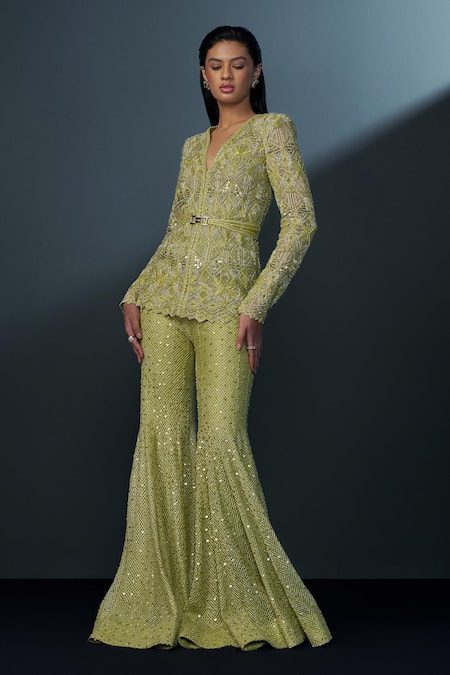 Shop Ritika Mirchandani Green Net, Crepe, Georgette Sequins, Crystals, Beads, Izar Kurta Sharara Set at Aza Fashions Shop_Ritika Mirchandani_Green Net, Crepe, Georgette Sequins, Crystals, Beads, Izar Kurta Sharara Set _at_Aza_Fashions