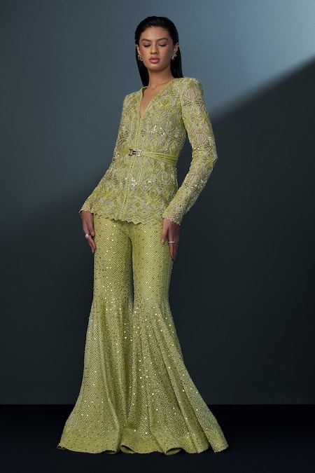 Ritika Mirchandani Green Net, Crepe, Georgette Sequins, Crystals, Beads, Izar Kurta Sharara Set Online at Aza Fashions Ritika Mirchandani_Green Net, Crepe, Georgette Sequins, Crystals, Beads, Izar Kurta Sharara Set _Online_at_Aza_Fashions