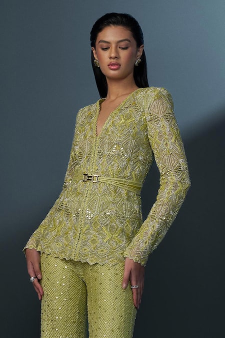 Buy Ritika Mirchandani Green Net, Crepe, Georgette Sequins, Crystals, Beads, Izar Kurta Sharara Set Online at Aza Fashions Buy_Ritika Mirchandani_Green Net, Crepe, Georgette Sequins, Crystals, Beads, Izar Kurta Sharara Set _Online_at_Aza_Fashions