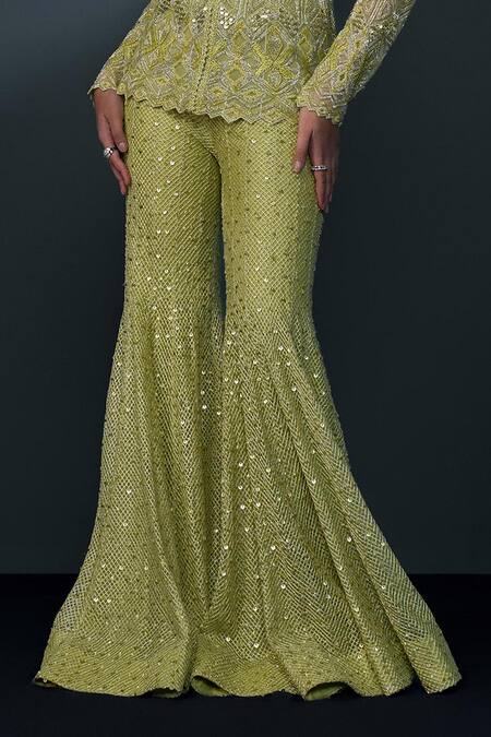 Shop Ritika Mirchandani Green Net, Crepe, Georgette Sequins, Crystals, Beads, Izar Kurta Sharara Set Online at Aza Fashions Shop_Ritika Mirchandani_Green Net, Crepe, Georgette Sequins, Crystals, Beads, Izar Kurta Sharara Set _Online_at_Aza_Fashions