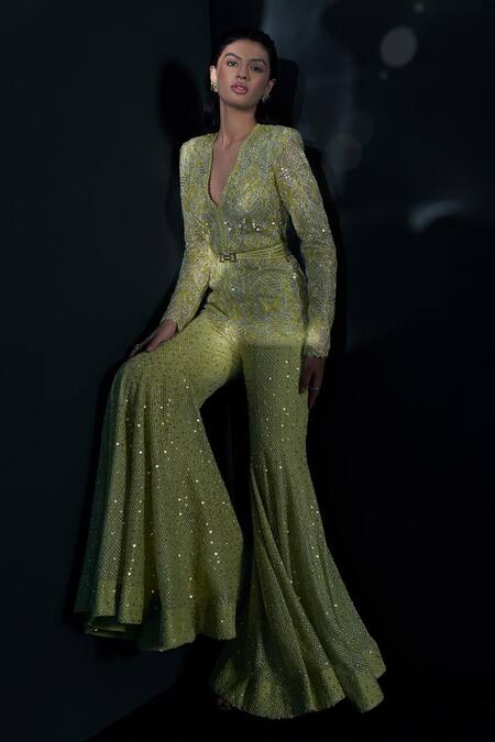 Ritika Mirchandani Green Net, Crepe, Georgette Sequins, Crystals, Beads, Izar Kurta Sharara Set at Aza Fashions Ritika Mirchandani_Green Net, Crepe, Georgette Sequins, Crystals, Beads, Izar Kurta Sharara Set _at_Aza_Fashions