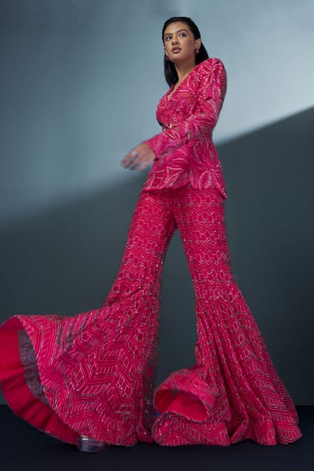 Shop Ritika Mirchandani Fuchsia Net, Georgette, Crepe Embroidery V-neck Araluen Kurta Sharara Set at Aza Fashions Shop_Ritika Mirchandani_Fuchsia Net, Georgette, Crepe Embroidery V-neck Araluen Kurta Sharara Set _at_Aza_Fashions