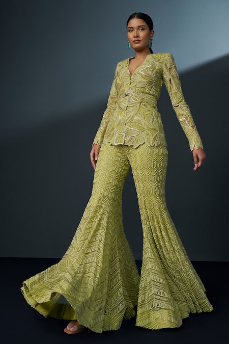 Shop Ritika Mirchandani Green Net, Crepe, Georgette Crystals, Araluen Cutwork Kurta Sharara Set at Aza Fashions Shop_Ritika Mirchandani_Green Net, Crepe, Georgette Crystals, Araluen Cutwork Kurta Sharara Set _at_Aza_Fashions