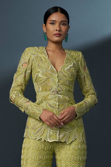 Ritika Mirchandani Green Net, Crepe, Georgette Crystals, Araluen Cutwork Kurta Sharara Set Online at Aza Fashions Ritika Mirchandani_Green Net, Crepe, Georgette Crystals, Araluen Cutwork Kurta Sharara Set _Online_at_Aza_Fashions