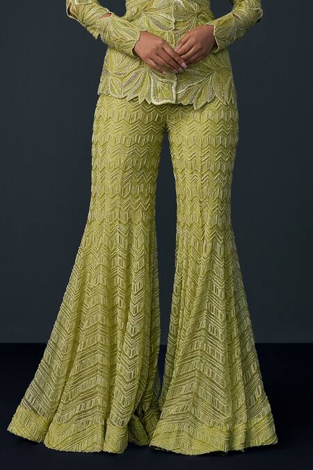 Buy Ritika Mirchandani Green Net, Crepe, Georgette Crystals, Araluen Cutwork Kurta Sharara Set Online at Aza Fashions Buy_Ritika Mirchandani_Green Net, Crepe, Georgette Crystals, Araluen Cutwork Kurta Sharara Set _Online_at_Aza_Fashions