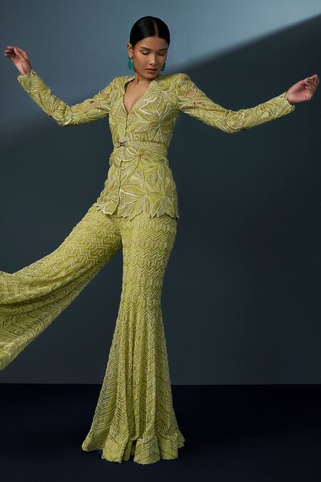 Shop Ritika Mirchandani Green Net, Crepe, Georgette Crystals, Araluen Cutwork Kurta Sharara Set Online at Aza Fashions Shop_Ritika Mirchandani_Green Net, Crepe, Georgette Crystals, Araluen Cutwork Kurta Sharara Set _Online_at_Aza_Fashions