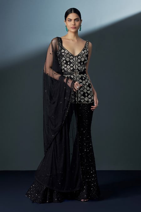 Shop Ritika Mirchandani Black Net, Crepe, Georgette Crystals, Beads, Caelum Short Kurta Sharara Set at Aza Fashions Shop_Ritika Mirchandani_Black Net, Crepe, Georgette Crystals, Beads, Caelum Short Kurta Sharara Set _at_Aza_Fashions