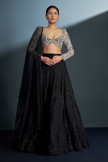 Ritika Mirchandani Black Crepe Embroidered Crystal Plunging Selene Cascade Lehenga Set 