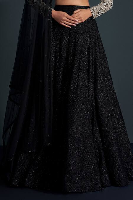 Ritika Mirchandani_Black Crepe Embroidered Crystal Plunging Selene Cascade Lehenga Set _Online_at_Aza_Fashions