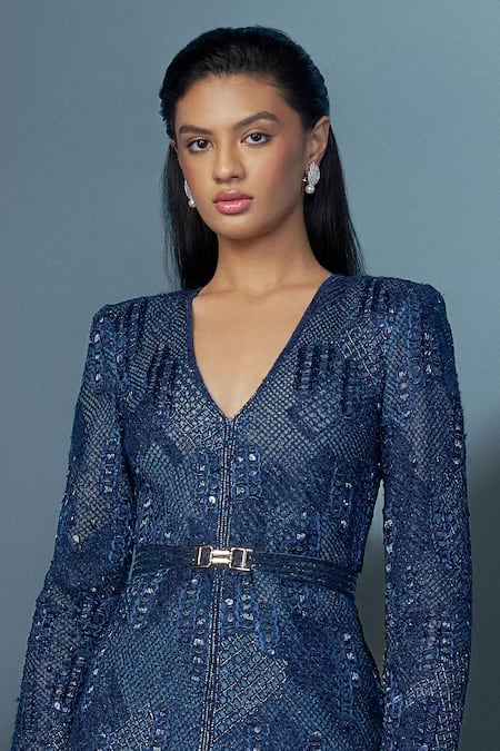 Shop_Ritika Mirchandani_Blue Net, Crepe, Georgette Crystals, Beads, Embroidery Mesh Kurta Sharara Set _at_Aza_Fashions