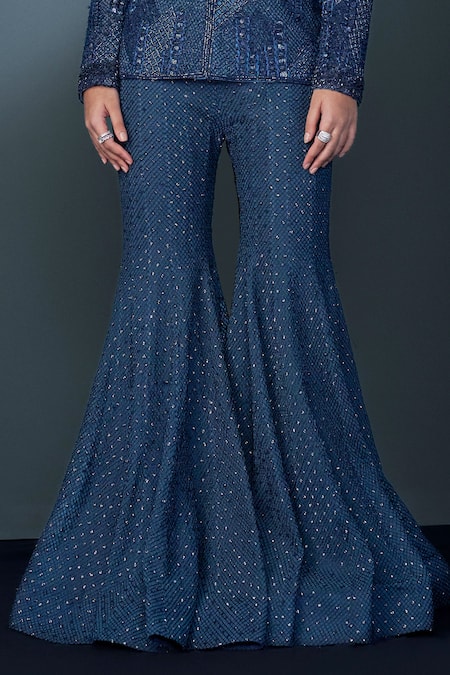 Ritika Mirchandani_Blue Net, Crepe, Georgette Crystals, Beads, Embroidery Mesh Kurta Sharara Set _Online_at_Aza_Fashions