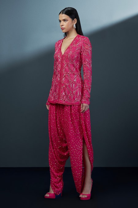 Shop Ritika Mirchandani Pink Net, Crepe, Georgette Rosalyn Mandarin Pattern Kurta And Dhoti Pant Set at Aza Fashions Shop_Ritika Mirchandani_Pink Net, Crepe, Georgette Rosalyn Mandarin Pattern Kurta And Dhoti Pant Set _at_Aza_Fashions