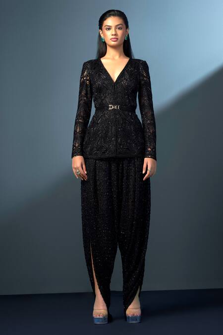 Ritika Mirchandani Black Net, Crepe, Georgette Rosalyn Mandarin Pattern Kurta Dhoti Pant Set Online at Aza Fashions Ritika Mirchandani_Black Net, Crepe, Georgette Rosalyn Mandarin Pattern Kurta Dhoti Pant Set _Online_at_Aza_Fashions