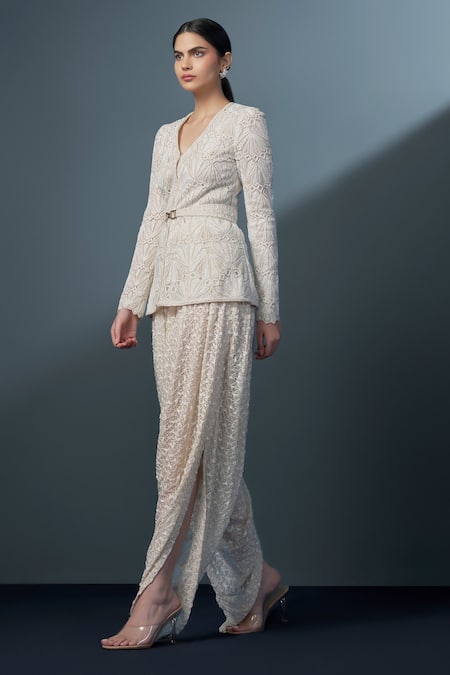 Shop Ritika Mirchandani Ivory Net, Crepe, Georgette Crystals, Rosalyn Mandarin Kurta Dhoti Pant Set at Aza Fashions Shop_Ritika Mirchandani_Ivory Net, Crepe, Georgette Crystals, Rosalyn Mandarin Kurta Dhoti Pant Set _at_Aza_Fashions