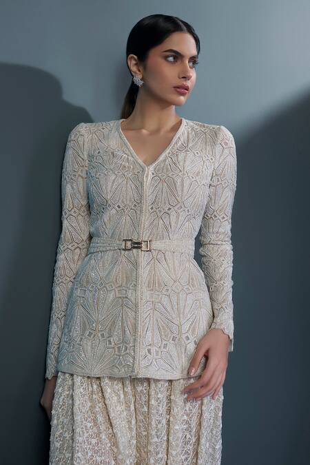 Buy Ritika Mirchandani Ivory Net, Crepe, Georgette Crystals, Rosalyn Mandarin Kurta Dhoti Pant Set Online at Aza Fashions Buy_Ritika Mirchandani_Ivory Net, Crepe, Georgette Crystals, Rosalyn Mandarin Kurta Dhoti Pant Set _Online_at_Aza_Fashions