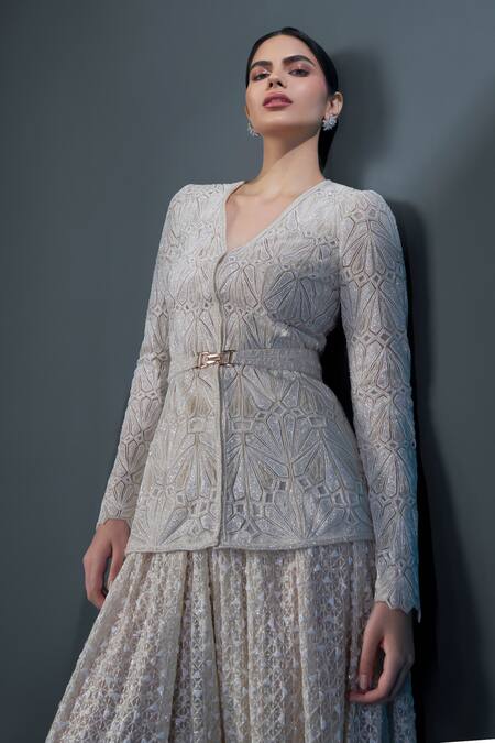 Shop Ritika Mirchandani Ivory Net, Crepe, Georgette Crystals, Rosalyn Mandarin Kurta Dhoti Pant Set Online at Aza Fashions Shop_Ritika Mirchandani_Ivory Net, Crepe, Georgette Crystals, Rosalyn Mandarin Kurta Dhoti Pant Set _Online_at_Aza_Fashions