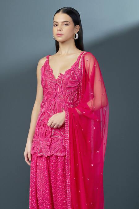 Ritika Mirchandani_Fuchsia Net, Crepe, Georgette Crystals, Azalea Cutwork Kurta Dhoti Pant Set _Online_at_Aza_Fashions