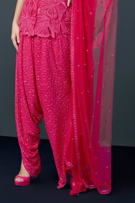 Buy_Ritika Mirchandani_Fuchsia Net, Crepe, Georgette Crystals, Azalea Cutwork Kurta Dhoti Pant Set _Online_at_Aza_Fashions