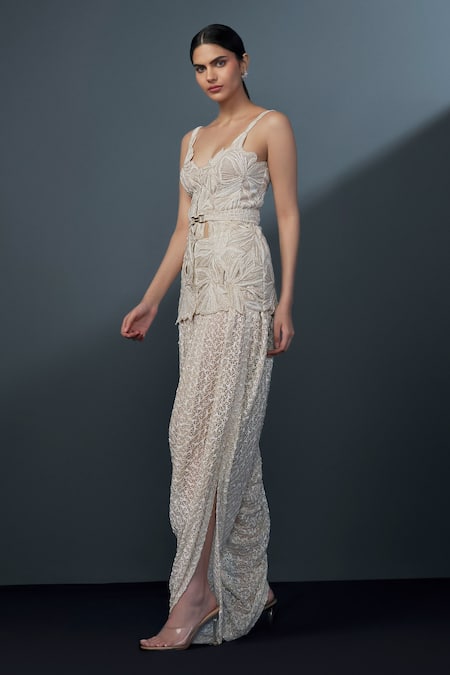 Shop Ritika Mirchandani Ivory Net, Crepe, Georgette Embroidery, Aneeza Cutwork Kurta Dhoti Pant Set at Aza Fashions Shop_Ritika Mirchandani_Ivory Net, Crepe, Georgette Embroidery, Aneeza Cutwork Kurta Dhoti Pant Set _at_Aza_Fashions