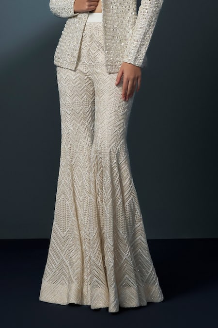 Ritika Mirchandani_Ivory Net, Crepe, Georgette Crystals, Beads, Halo Blazer Cascade Sharara Set _Online_at_Aza_Fashions