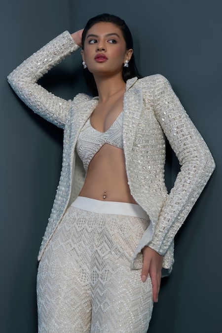 Buy_Ritika Mirchandani_Ivory Net, Crepe, Georgette Crystals, Beads, Halo Blazer Cascade Sharara Set _Online_at_Aza_Fashions