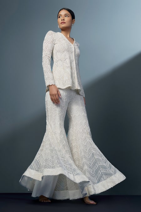 Shop Ritika Mirchandani Ivory Net, Crepe, Aethra Geometric Mosaic Embroidered Jacket Kurta With Sharara at Aza Fashions Shop_Ritika Mirchandani_Ivory Net, Crepe, Aethra Geometric Mosaic Embroidered Jacket Kurta With Sharara _at_Aza_Fashions